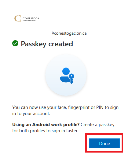 Screenshot of passkey created